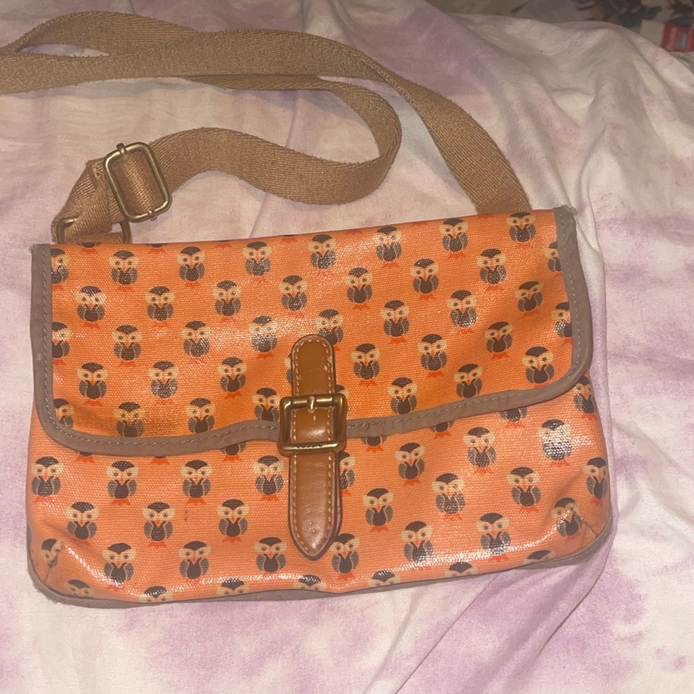 Fossil Keyper Mini Blue Owl Coated Canvas Leather Trim Crossbody Bag Purse Coral